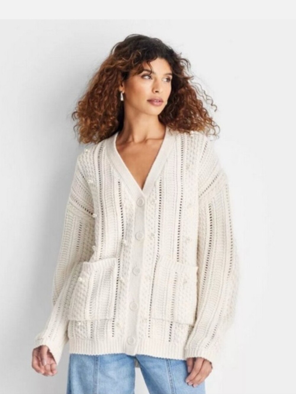 Future Collective Women's Embellished Relaxed Cardigan Cream oversize M